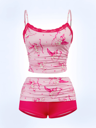 Shutterstock Y2Kool Conjunto de duas peças estilo anos 2000 com patchwork de renda e corações rosa, perfeito para o dia a dia, outono/inverno, ocasiões especiais como encontros com amigos, férias e Dia dos Namorados. Ideal para usar em casa, no dia a dia e em eventos como feriados e Dia dos Namorados.