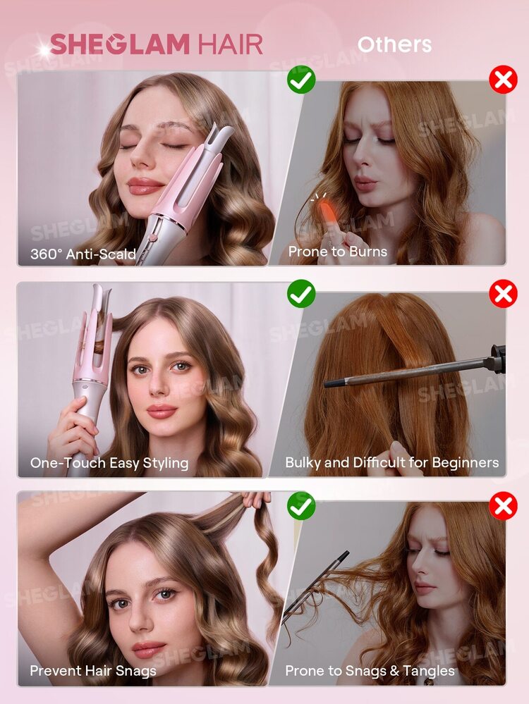 SHEGLAM HAIR مكواة تجعيد الشعر كيوبيدز تشارم بلمسة واحدة، مكواة تجعيد أوتوماتيكية 25 مم، مكواة تجعيد شعر دوارة، تموجات سريعة في 10 دقائق وتسخين سريع في 60 ثانية، 3 درجات حرارة قابلة للتعديل ومؤقت ذكي 8 ثوانٍ، جهد كهربائي عالمي، تجعيد تلقائي سريع، سحري، يعزز اللمعان ويحمي الشعر، مناسب للشعر المتوسط ​​إلى الطويل - وردي فاتح - مشاهدة 7
