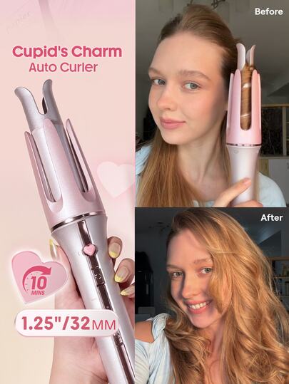 SHEGLAM HAIR Rizador instantáneo Cupid's Charm One-Touch, rizador automático de 32 mm, rizador giratorio, ondas rápidas en 10 minutos y precalentamiento rápido en 60 segundos, 3 temperaturas ajustables y temporizador inteligente de 8 segundos, voltaje universal, rizo automático rápido, mejora el brillo y la protección, adecuado para cabello medio a largo.