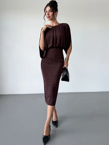 Firerie Women's Elegant Commute Solid Color Batwing Sleeve Dress - Brown - View 10