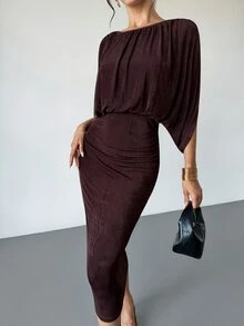 Firerie Women's Elegant Commute Solid Color Batwing Sleeve Dress - Brown - View 6
