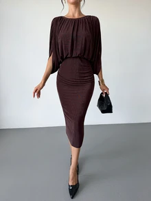 Firerie Women's Elegant Commute Solid Color Batwing Sleeve Dress - Brown - View 8