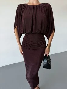Firerie Women's Elegant Commute Solid Color Batwing Sleeve Dress - Brown - View 11