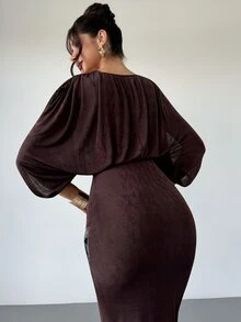 Firerie Women's Elegant Commute Solid Color Batwing Sleeve Dress - Brown - View 3