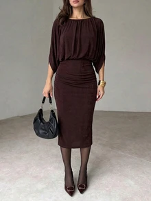 Firerie Women's Elegant Commute Solid Color Batwing Sleeve Dress - Brown - View 4