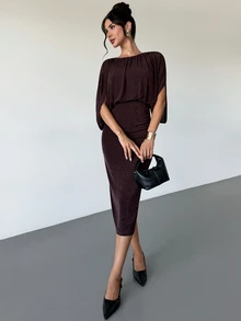 Firerie Women's Elegant Commute Solid Color Batwing Sleeve Dress - Brown - View 9