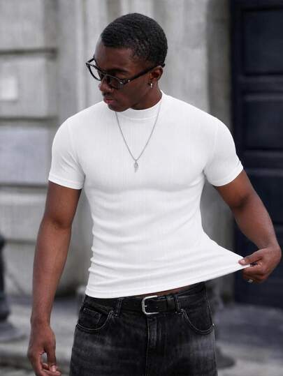 Mainfolk Men Fit Mock Neck Short Sleeve Tee Basic Tee , Simple Husband Summer Polyester, Vacation, Father's Day Gifts, Football