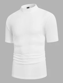 Mainfolk Men Fit Mock Neck Short Sleeve Tee Basic Tee , Simple Husband Summer Polyester, Vacation, Father's Day Gifts, Football - White - View 5
