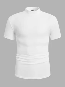 Mainfolk Men Fit Mock Neck Short Sleeve Tee Basic Tee , Simple Husband Summer Polyester, Vacation, Father's Day Gifts, Football - White - View 3