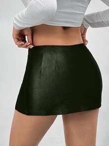 SHEIN PETITE PU High Elastic Leather Low Waist Mini Skirt - Army Green - View 2