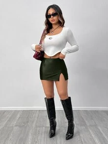 SHEIN PETITE PU High Elastic Leather Low Waist Mini Skirt - Army Green - View 6