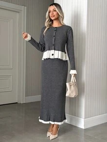 SHEIN طقم أنيق من كارديجان وتنورة ميدي بتفاصيل لامعة وحافة متباينة من قماش محبوك مضلع - رمادي - مشاهدة 5