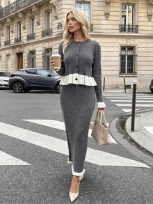 SHEIN طقم أنيق من كارديجان وتنورة ميدي بتفاصيل لامعة وحافة متباينة من قماش محبوك مضلع - رمادي - مشاهدة 3