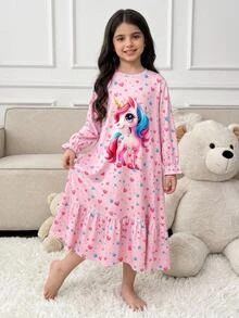 SHEIN 兒童青少年女孩秋冬甜美發光暗光卡通蝴蝶結愛心印花拼接荷葉邊長袖圓領套頭長洋裝居家服 粉色 - 粉色 - 查看 7