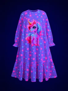 SHEIN 兒童青少年女孩秋冬甜美發光暗光卡通蝴蝶結愛心印花拼接荷葉邊長袖圓領套頭長洋裝居家服 粉色 - 粉色 - 查看 5