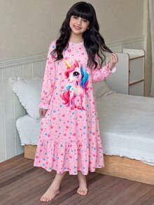 SHEIN 兒童青少年女孩秋冬甜美發光暗光卡通蝴蝶結愛心印花拼接荷葉邊長袖圓領套頭長洋裝居家服 粉色 - 粉色 - 查看 6