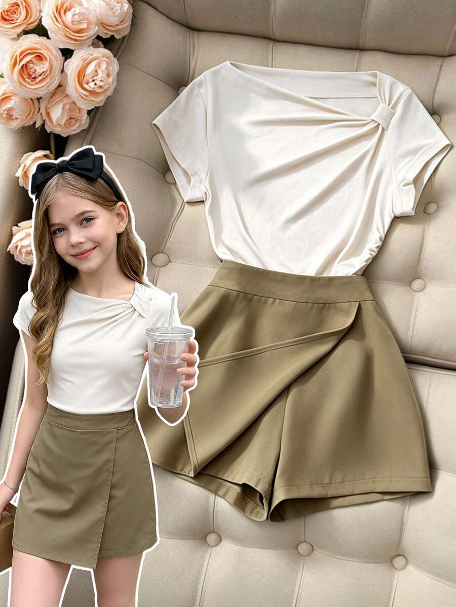 SHEIN Elladie kids 青少年女孩韓系軟妹風兩件套童裝套裝,露肩短袖上衣+前開襟長袖款,返校穿搭 - 卡其色 - 查看 1