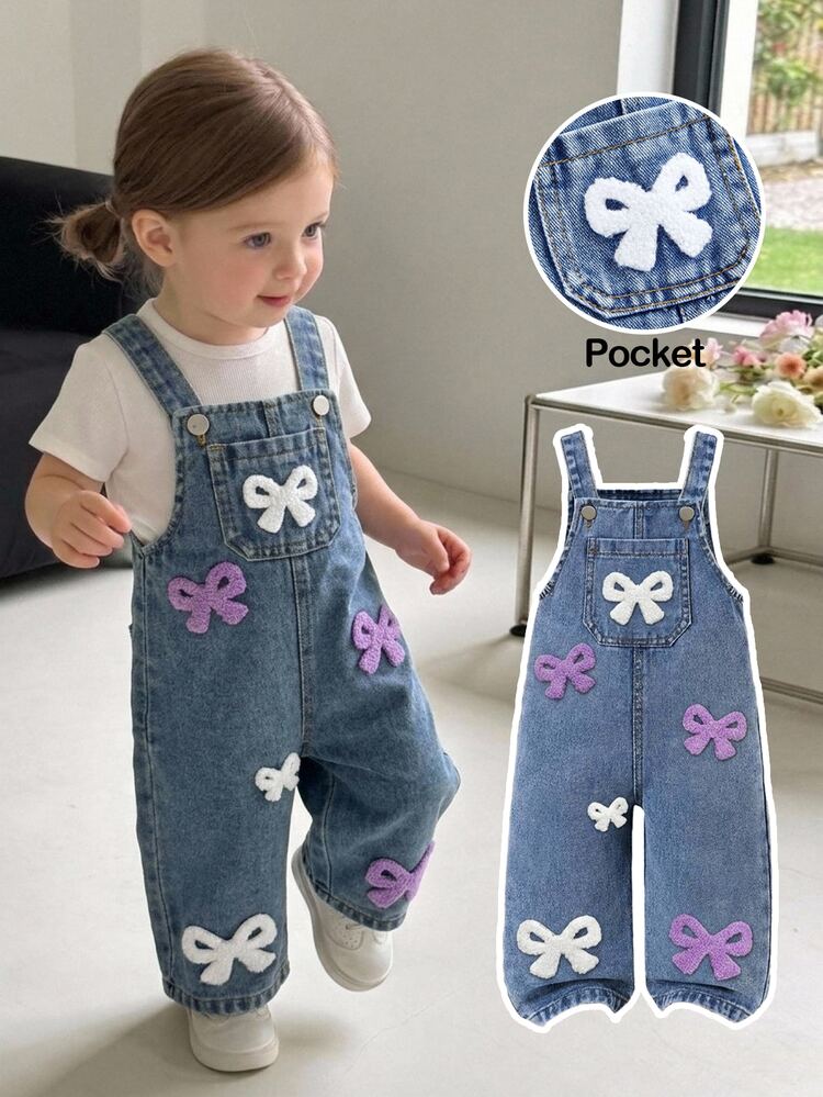 SHEIN Baby Girl New Casual Cute Colorful Bow Towel Embroidery Blue Denim Loose Fit Jumpsuit,Fall/Winter,For Baby Back To School Clothes,Toddler Overalls - Medium Wash - View 8