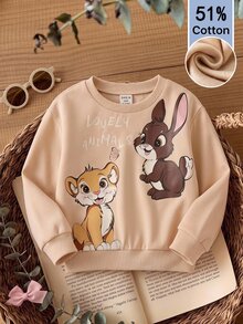 SHEIN 女童嬰兒可愛卡通獅子兔子動物圖案圓領長袖套頭運動衫，舒適百搭時尚日常休閒簡約基本款，秋冬適用，適合室內、戶外休閒、滑雪、開學、日常、運動、玩耍、派對 - 彩色 - 查看 1