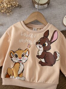 SHEIN 女童嬰兒可愛卡通獅子兔子動物圖案圓領長袖套頭運動衫，舒適百搭時尚日常休閒簡約基本款，秋冬適用，適合室內、戶外休閒、滑雪、開學、日常、運動、玩耍、派對 - 彩色 - 查看 5