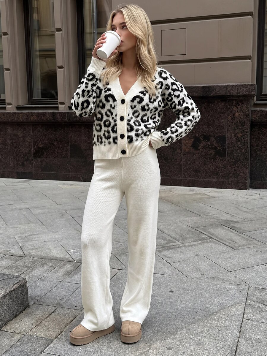 SHEIN Leopard Jacquard Button Front Knit Cardigan - Beige - View 1