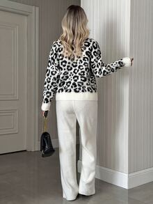 SHEIN Leopard Jacquard Button Front Knit Cardigan - Beige - View 2