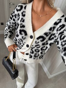 SHEIN Leopard Jacquard Button Front Knit Cardigan - Beige - View 4