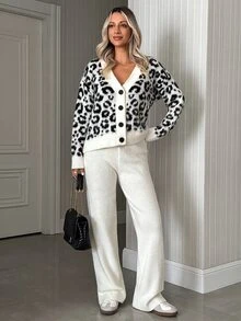 SHEIN Leopard Jacquard Button Front Knit Cardigan - Beige - View 6