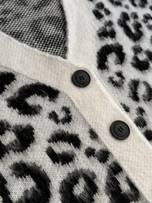 SHEIN Leopard Jacquard Button Front Knit Cardigan - Beige - View 10