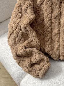 SHEIN Tween Girl Autumn/Winter Thermal Lined Thick Cable Knit Diamond Textured Jacquard Zip-Up Jacket Brown - Brown - View 5