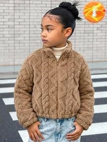 SHEIN Tween Girl Autumn/Winter Thermal Lined Thick Cable Knit Diamond Textured Jacquard Zip-Up Jacket Brown - Brown - View 6