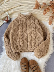 SHEIN Tween Girl Autumn/Winter Thermal Lined Thick Cable Knit Diamond Textured Jacquard Zip-Up Jacket Brown - Brown - View 7