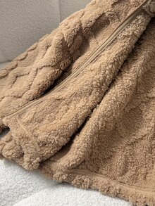 SHEIN Tween Girl Autumn/Winter Thermal Lined Thick Cable Knit Diamond Textured Jacquard Zip-Up Jacket Brown - Brown - View 10