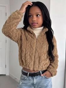 SHEIN Tween Girl Autumn/Winter Thermal Lined Thick Cable Knit Diamond Textured Jacquard Zip-Up Jacket Brown - Brown - View 1