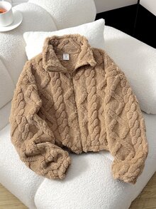 SHEIN Tween Girl Autumn/Winter Thermal Lined Thick Cable Knit Diamond Textured Jacquard Zip-Up Jacket Brown - Brown - View 3