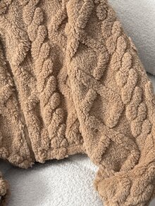 SHEIN Tween Girl Autumn/Winter Thermal Lined Thick Cable Knit Diamond Textured Jacquard Zip-Up Jacket Brown - Brown - View 4