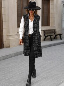 Brillora Black Tweed Plaid Sleeveless Button Midi Dress For Gathering Shopping Professional,Daily Commute,Office / Work,Work Outfits,Country Style - Khaki - View 6
