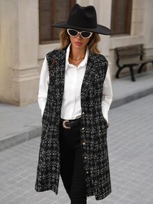 Brillora Black Tweed Plaid Sleeveless Button Midi Dress For Gathering Shopping Professional,Daily Commute,Office / Work,Work Outfits,Country Style - Khaki - View 8