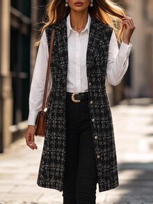 Brillora Black Tweed Plaid Sleeveless Button Midi Dress For Gathering Shopping Professional,Daily Commute,Office / Work,Work Outfits,Country Style - Khaki - View 10