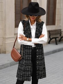 Brillora Black Tweed Plaid Sleeveless Button Midi Dress For Gathering Shopping Professional,Daily Commute,Office / Work,Work Outfits,Country Style - Khaki - View 7