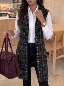 Brillora Black Tweed Plaid Sleeveless Button Midi Dress For Gathering Shopping Professional,Daily Commute,Office / Work,Work Outfits,Country Style - Khaki - View 4