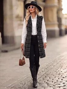 Brillora Black Tweed Plaid Sleeveless Button Midi Dress For Gathering Shopping Professional,Daily Commute,Office / Work,Work Outfits,Country Style - Khaki - View 3