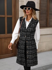 Brillora Black Tweed Plaid Sleeveless Button Midi Dress For Gathering Shopping Professional,Daily Commute,Office / Work,Work Outfits,Country Style - Khaki - View 5