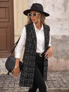 Brillora Black Tweed Plaid Sleeveless Button Midi Dress For Gathering Shopping Professional,Daily Commute,Office / Work,Work Outfits,Country Style - Khaki - View 9