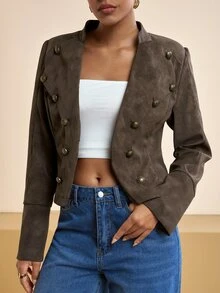 Zivah Women's Button Design Long Sleeve Casual Napoleon Regular Jacket - Brown - View 4