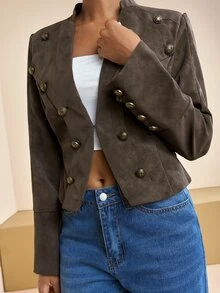 Zivah Women's Button Design Long Sleeve Casual Napoleon Regular Jacket - Brown - View 6