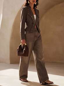 Zivah Women's Button Design Long Sleeve Casual Napoleon Regular Jacket - Brown - View 8