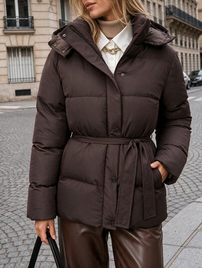 Pariaura Women's Brown Puffer Winter Coat – Belted Quilted Short Jacket, Hooded Warm Outerwear, Button-Up Insulated Parka, Stylish Cold Weather Fashion For Women