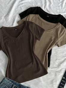 SHEIN EZwear 3件組女款夏秋V領修身T恤，龐克次文化動漫純色基礎款V領短袖修身T恤 - 彩色 - 查看 7