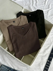 SHEIN EZwear 3件組女款夏秋V領修身T恤，龐克次文化動漫純色基礎款V領短袖修身T恤 - 彩色 - 查看 5